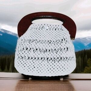 Vintage 1980's Handbag Macrame with Wooden Handle, Rare Vintage